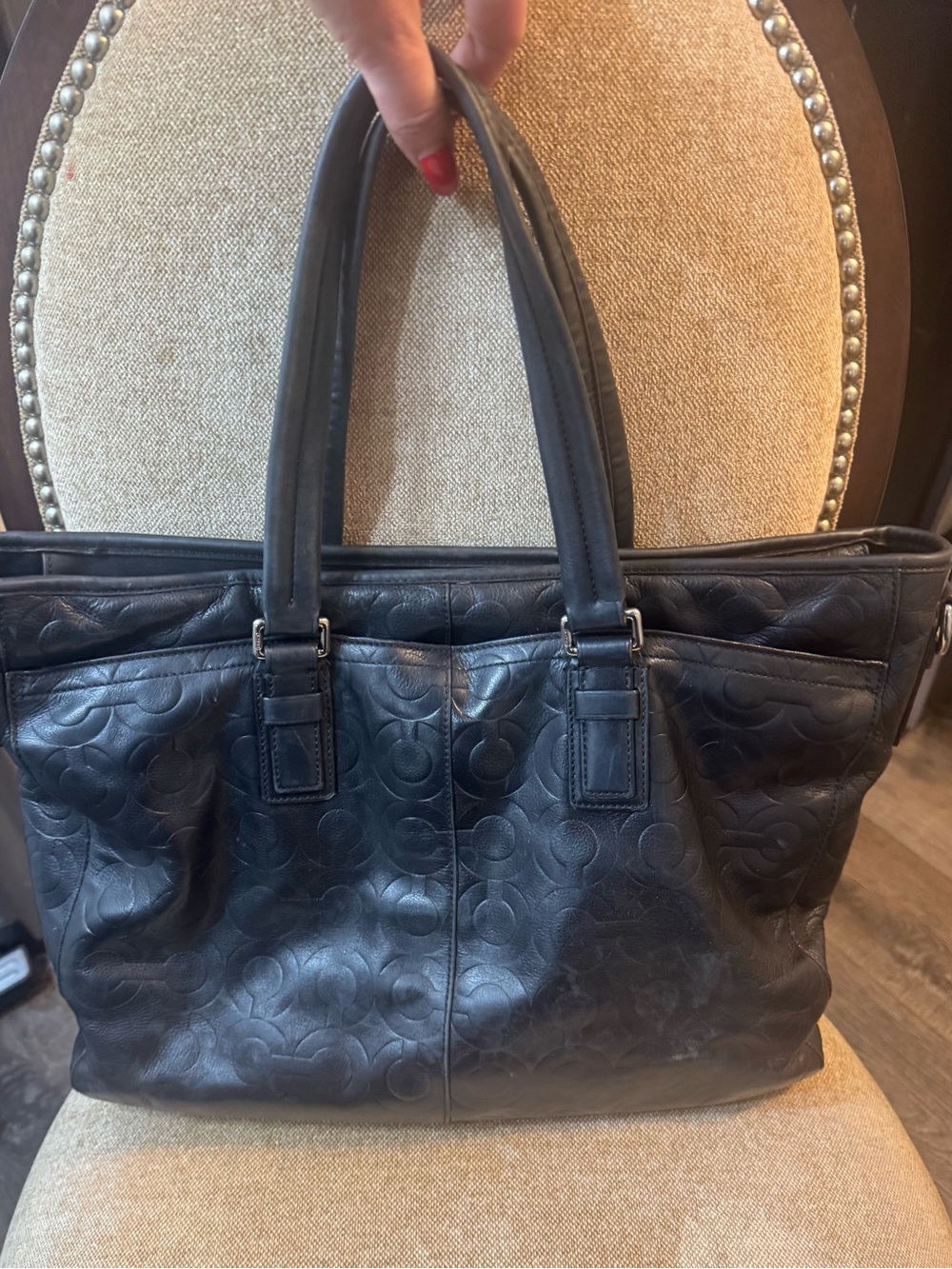 Coach Black Embossed Leather OP Art Tote Bag Large Work Shoulder Bag-EUC 70258